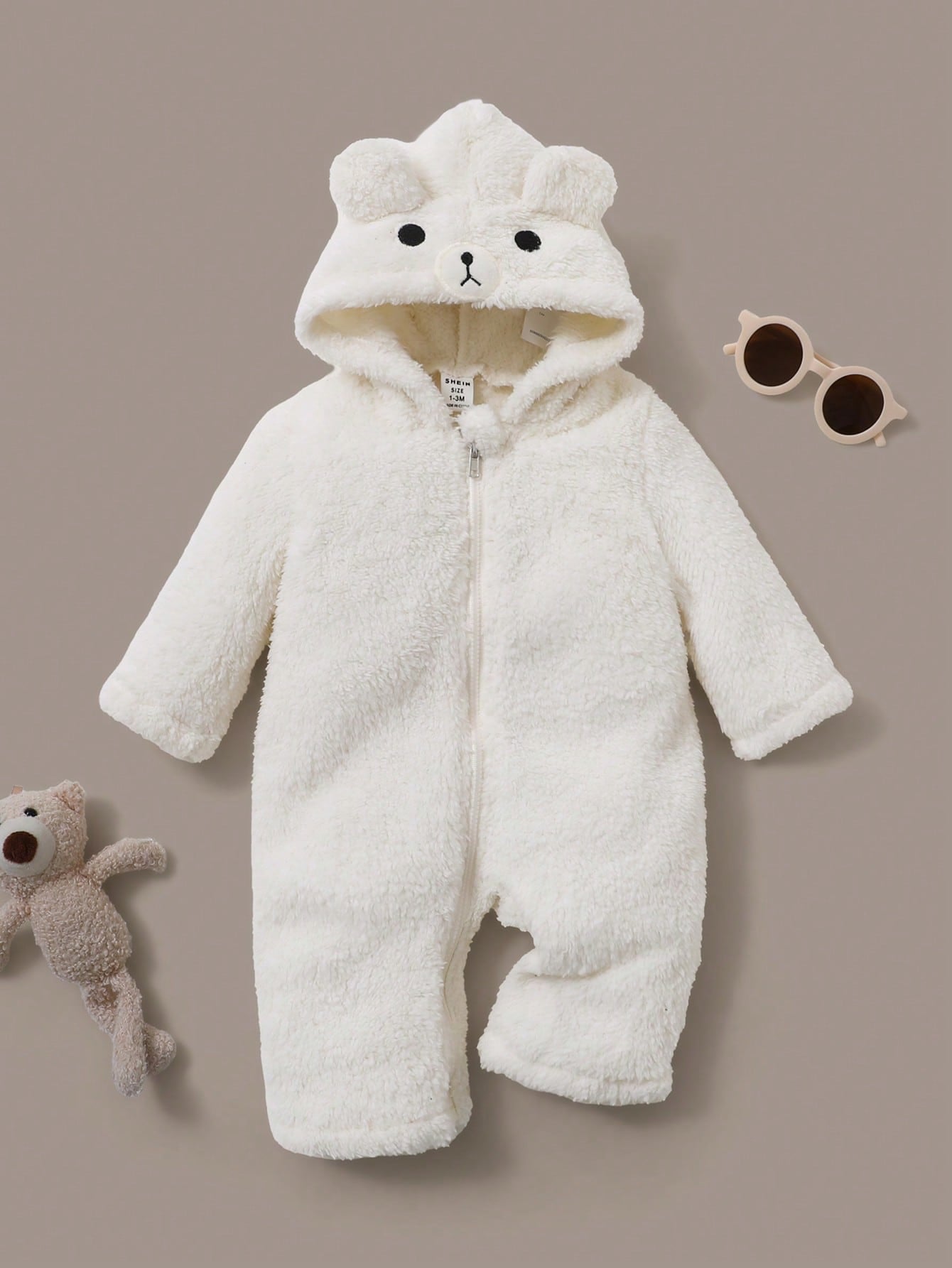 Newborn White Bear Hooded Romper – Plush Zip-Up Costume for Autumn & Winter | Ages 1M–12M