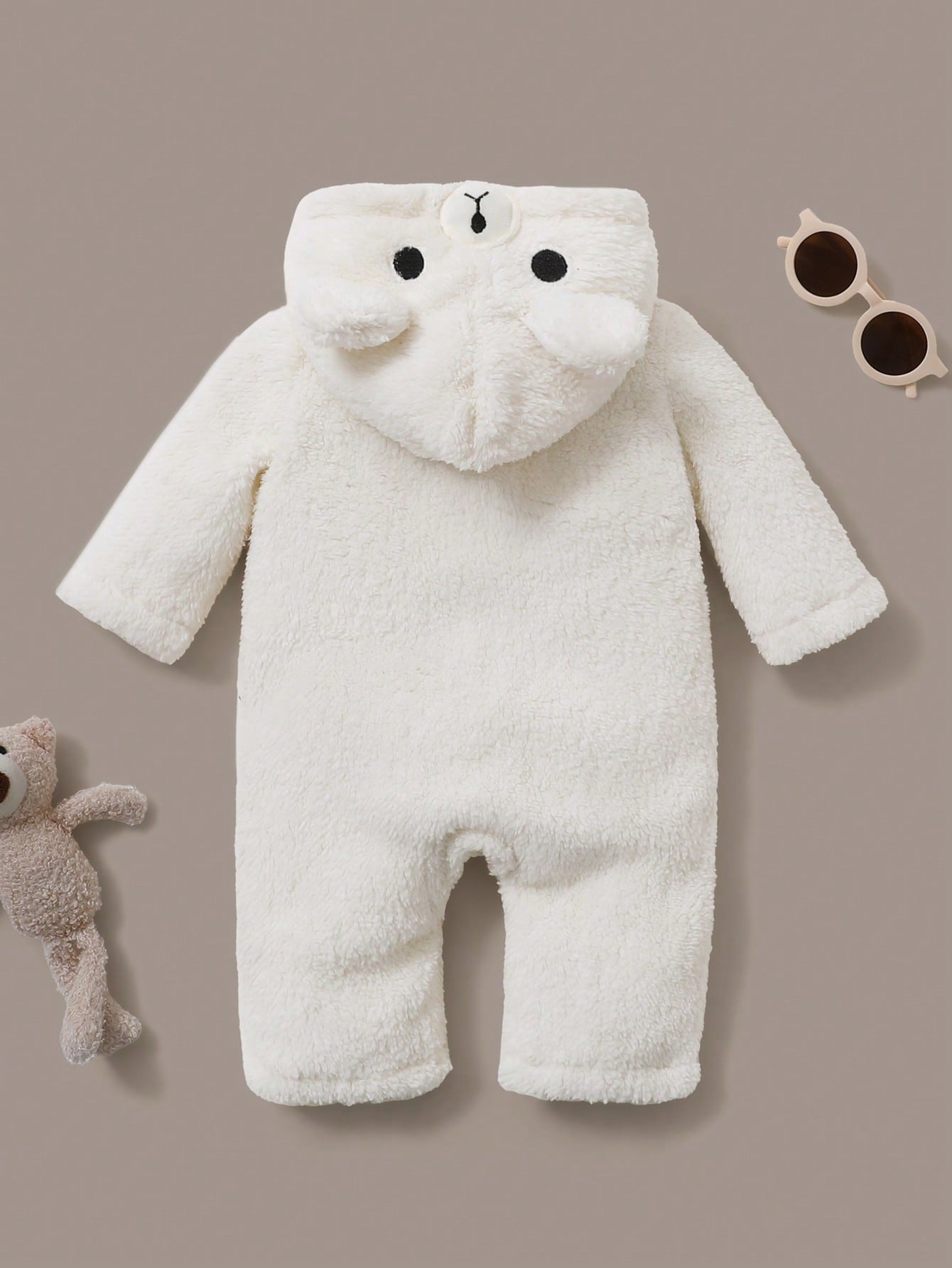 Newborn White Bear Hooded Romper – Plush Zip-Up Costume for Autumn & Winter | Ages 1M–12M