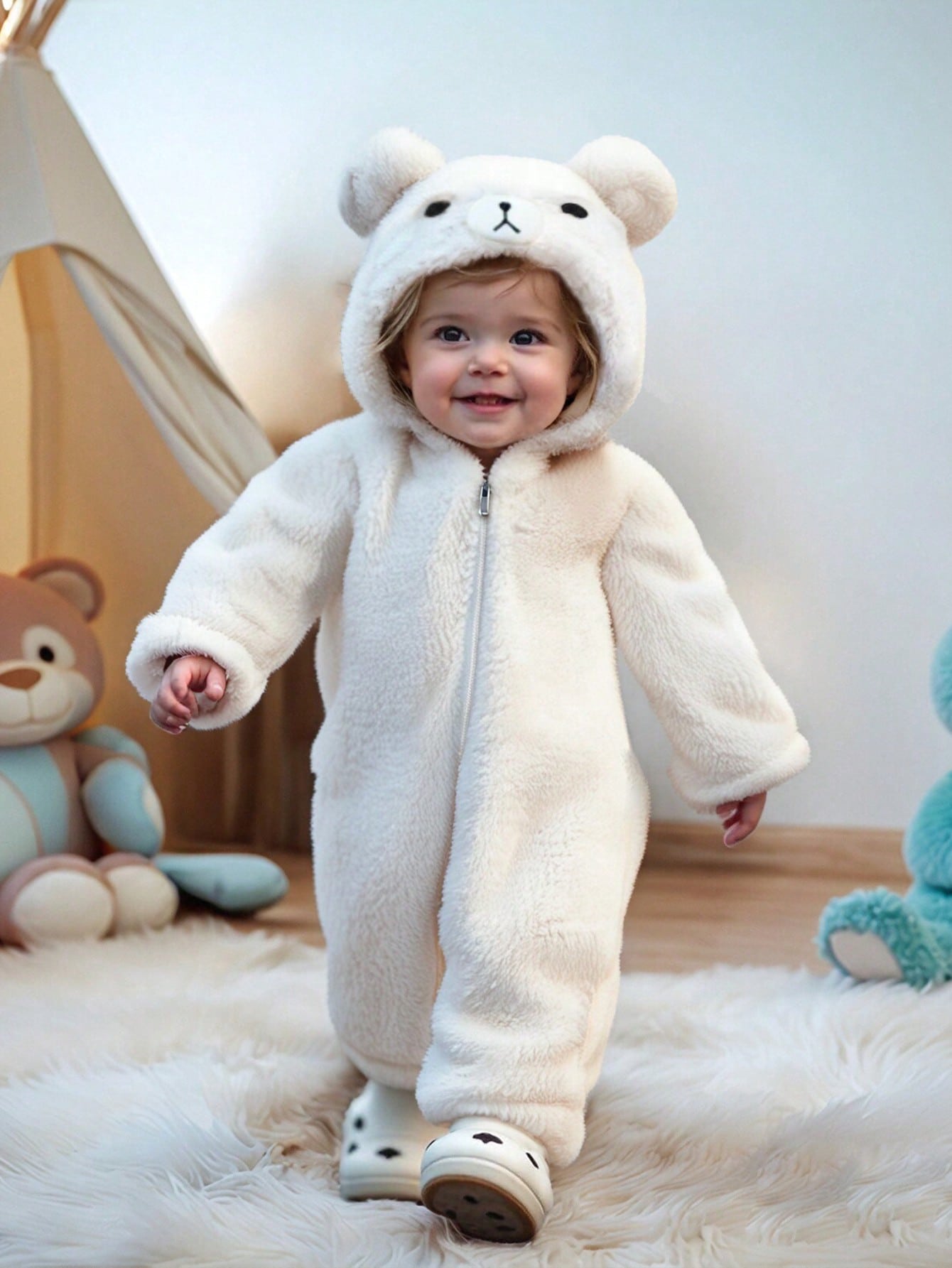 Newborn White Bear Hooded Romper – Plush Zip-Up Costume for Autumn & Winter | Ages 1M–12M