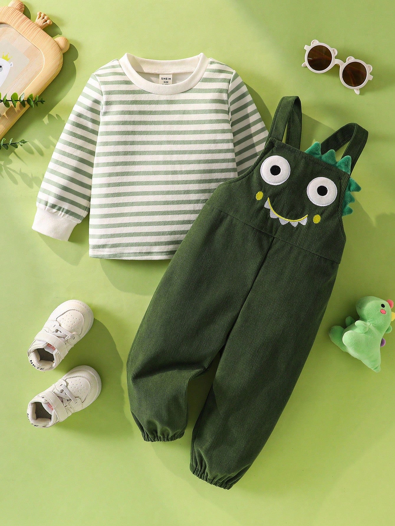 Baby Dinosaur Embroidery Halloween Outfit – 2PC Striped T-Shirt & Corduroy Overalls Set | Ages 6M–24M