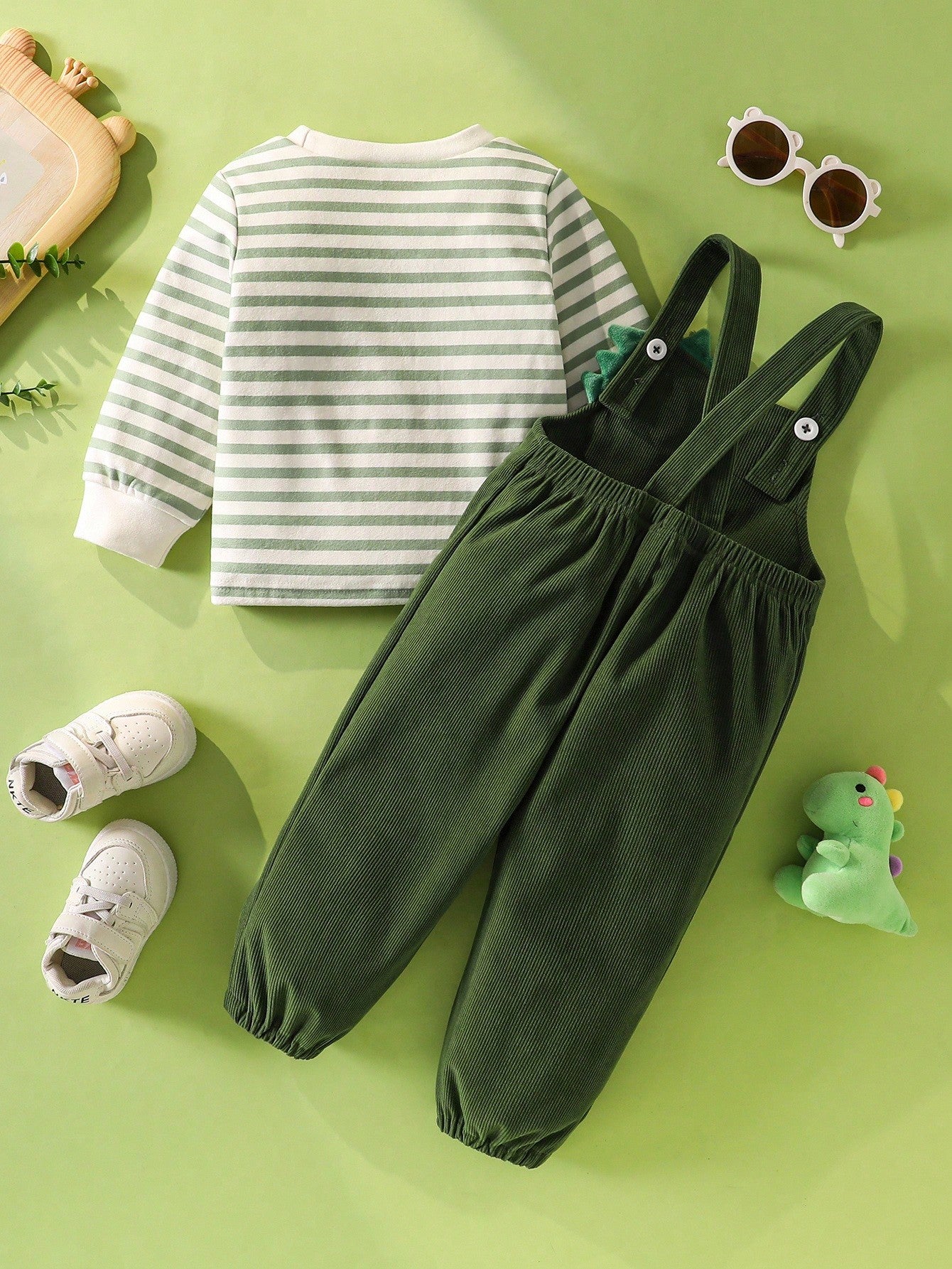 Baby Dinosaur Embroidery Halloween Outfit – 2PC Striped T-Shirt & Corduroy Overalls Set | Ages 6M–24M