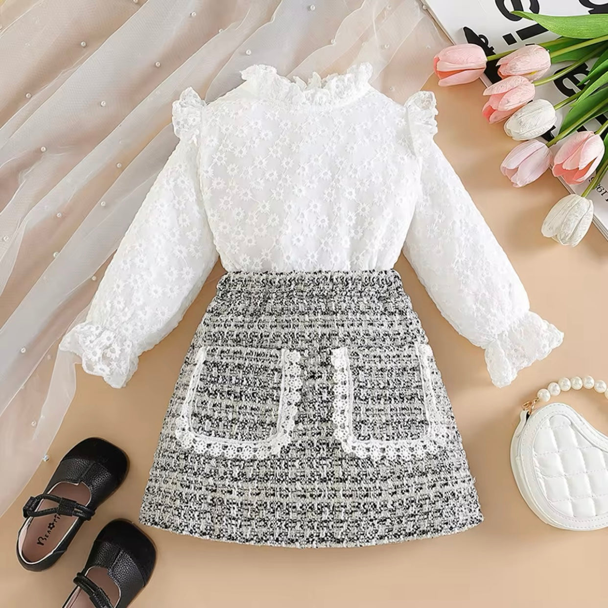 Girls Embroidered Shirt & Skirt Set (Age 24M-6YRS) Gray