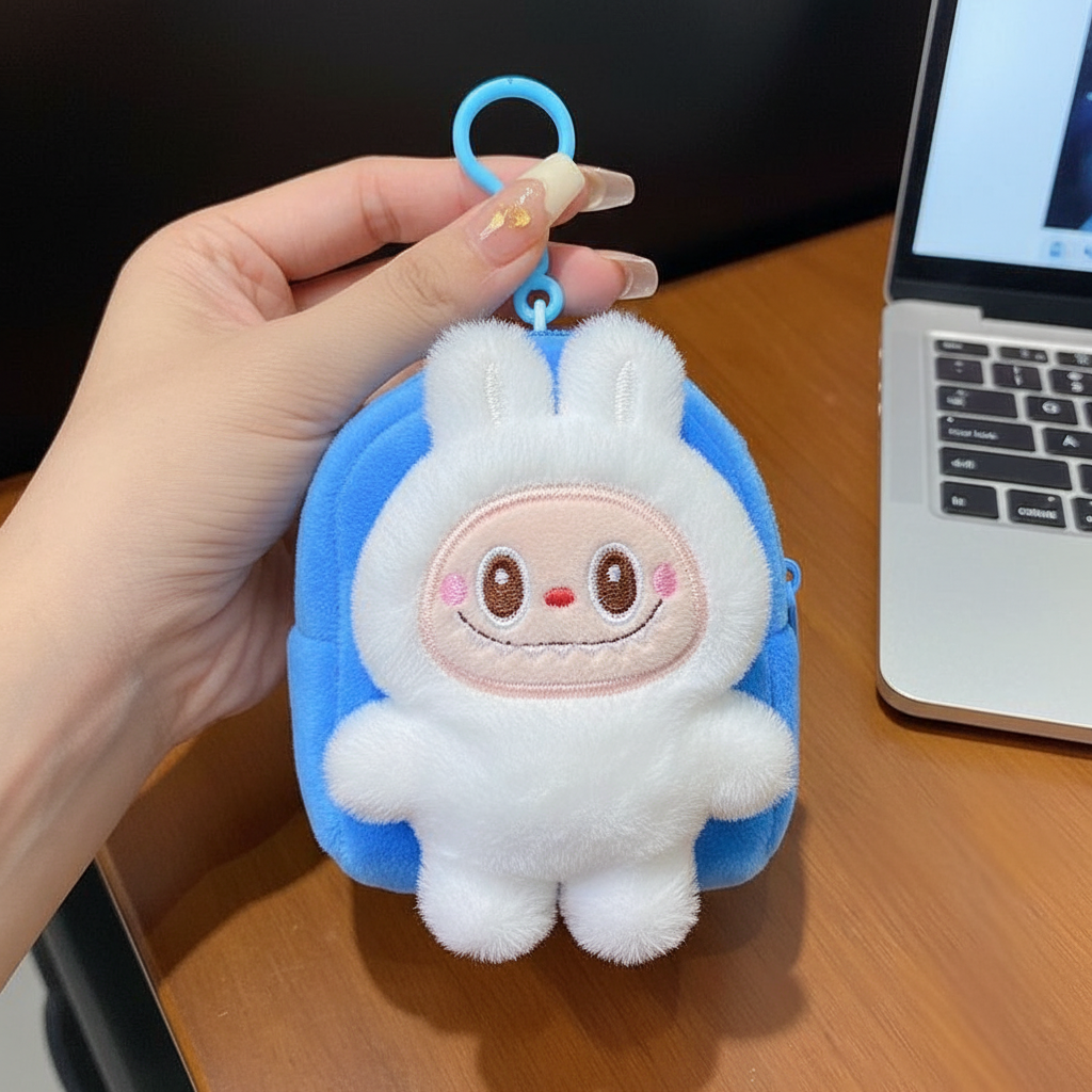 Labubu The Monsters – Plush Backpack Coin Purse | Mini Zipper Pouch White