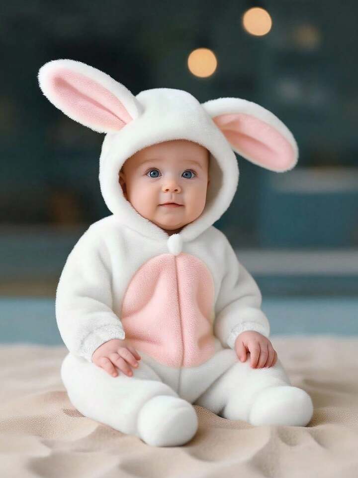 Baby Fleece Hooded Rabbit Romper – 3D Bunny Ears | Long Sleeve & Pants Set (Age Newborn-24M) White