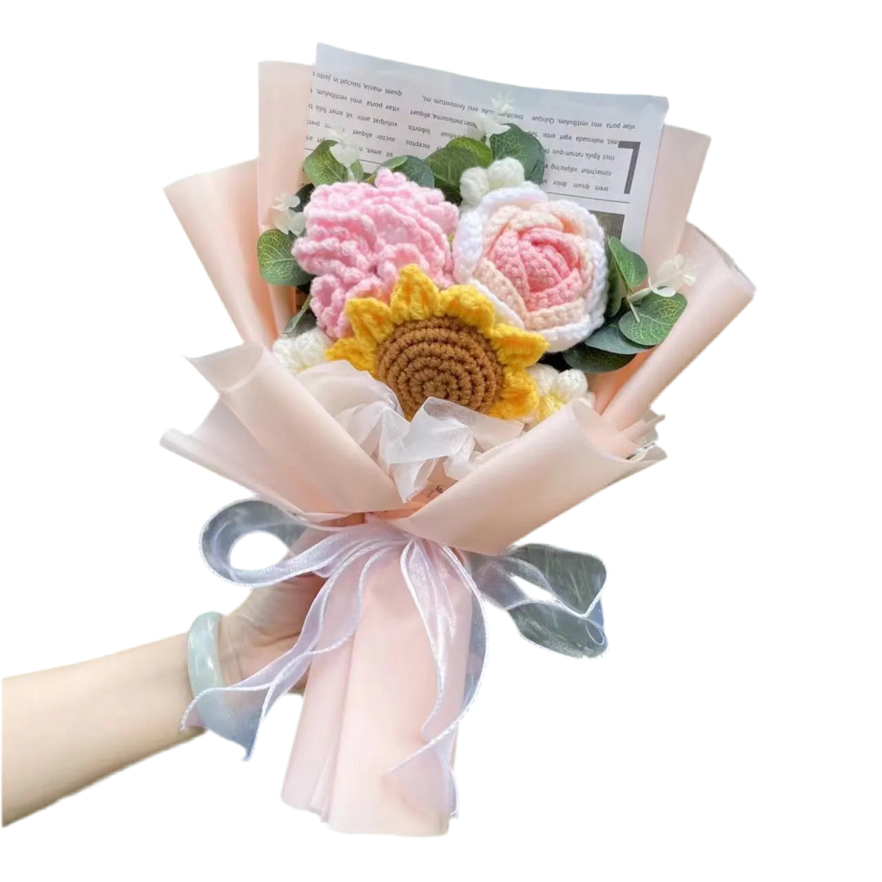 Plush Knitted Flower Gift Bouquet – Sunflowers, Tulips & Roses | Crochet Arrangement in Gift Box 1