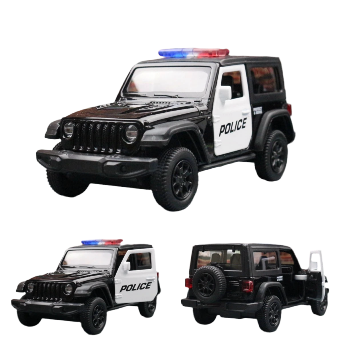 RMZ City 1/36 scale model of a Jeep Wrangler Rubicon Toy Car Black Police