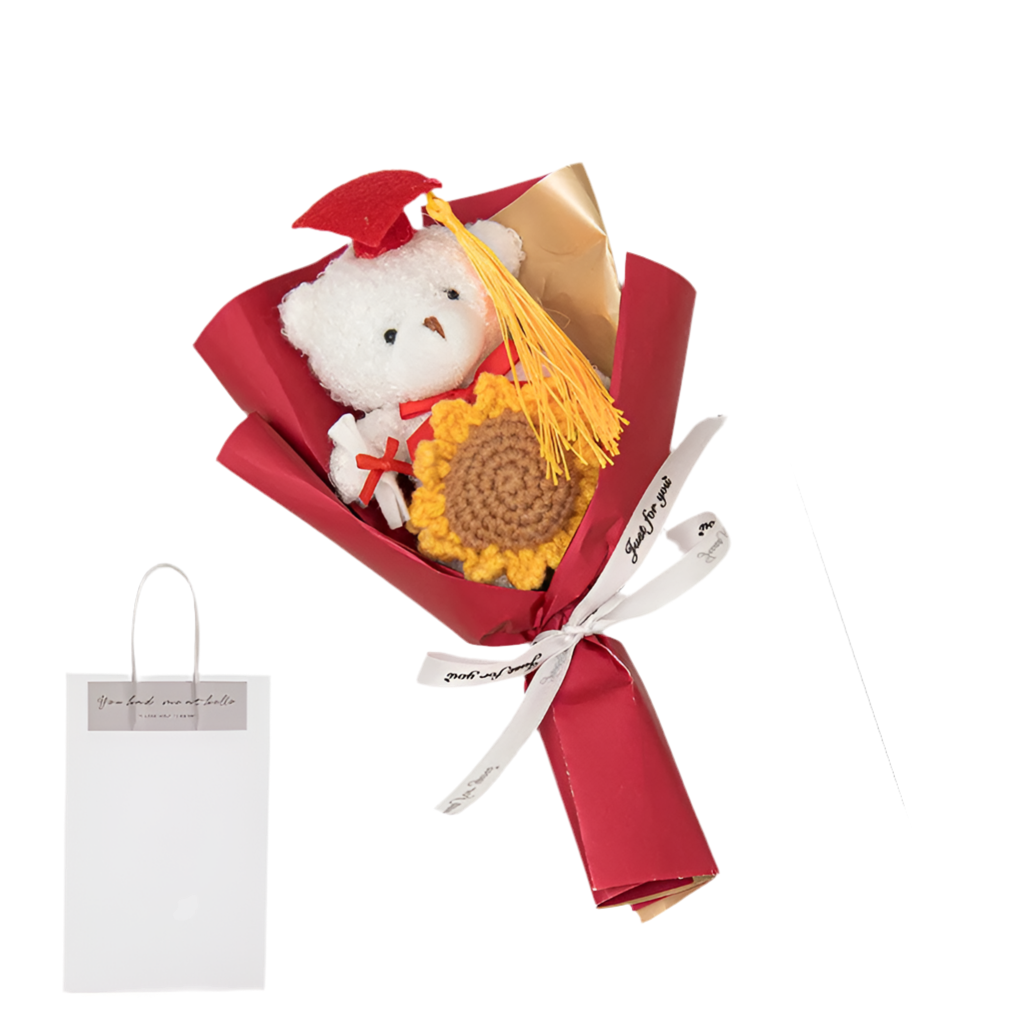 Handmade Graduation Plush Teddy Bear Flower Gift Bouquet Red - 23cm