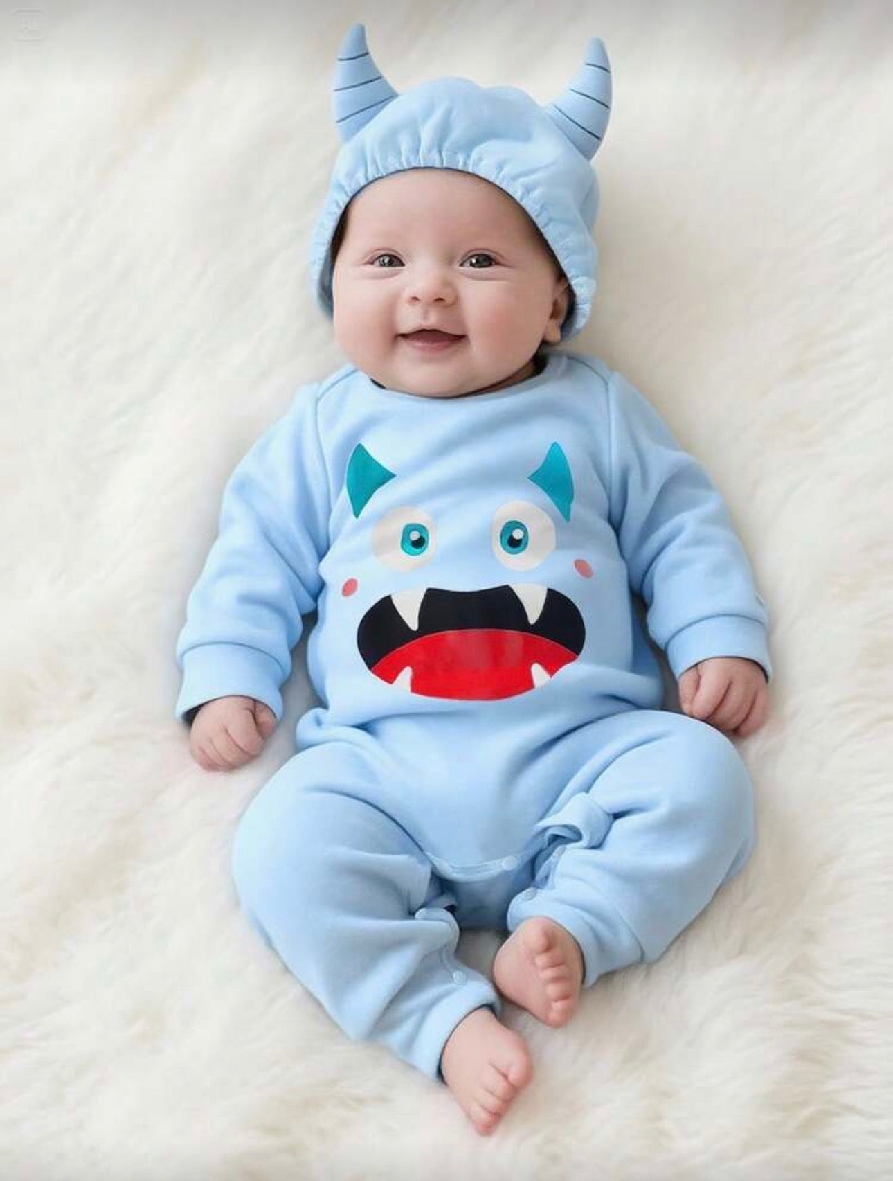 Baby Monster Halloween Costume Outfit Set – Colorful Romper & 3D Horn Hat | Embroidered Eyes | Newborn - 9M Blue