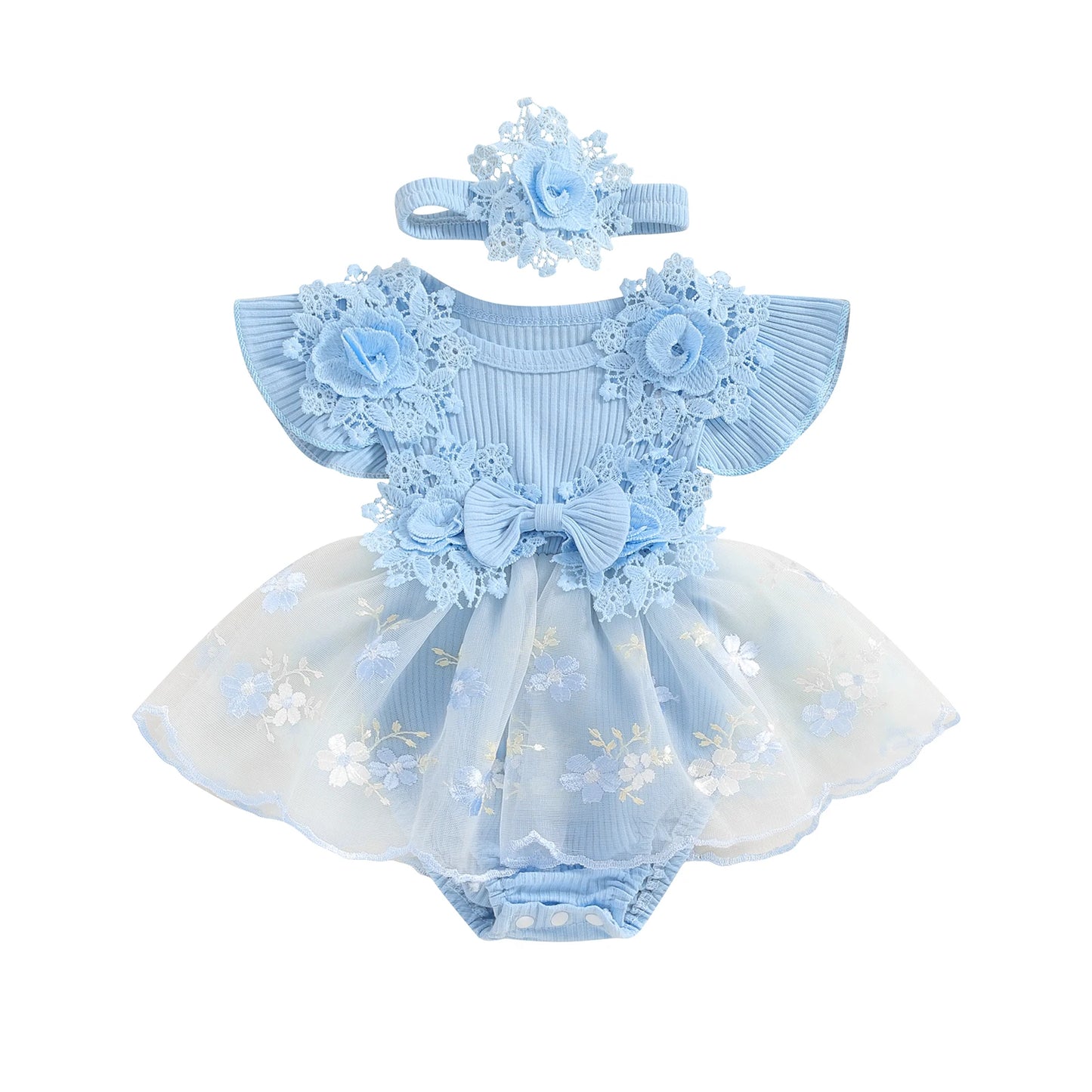 Baby Girls Floral Romper Dress (Age 3M-18M) Blue 2
