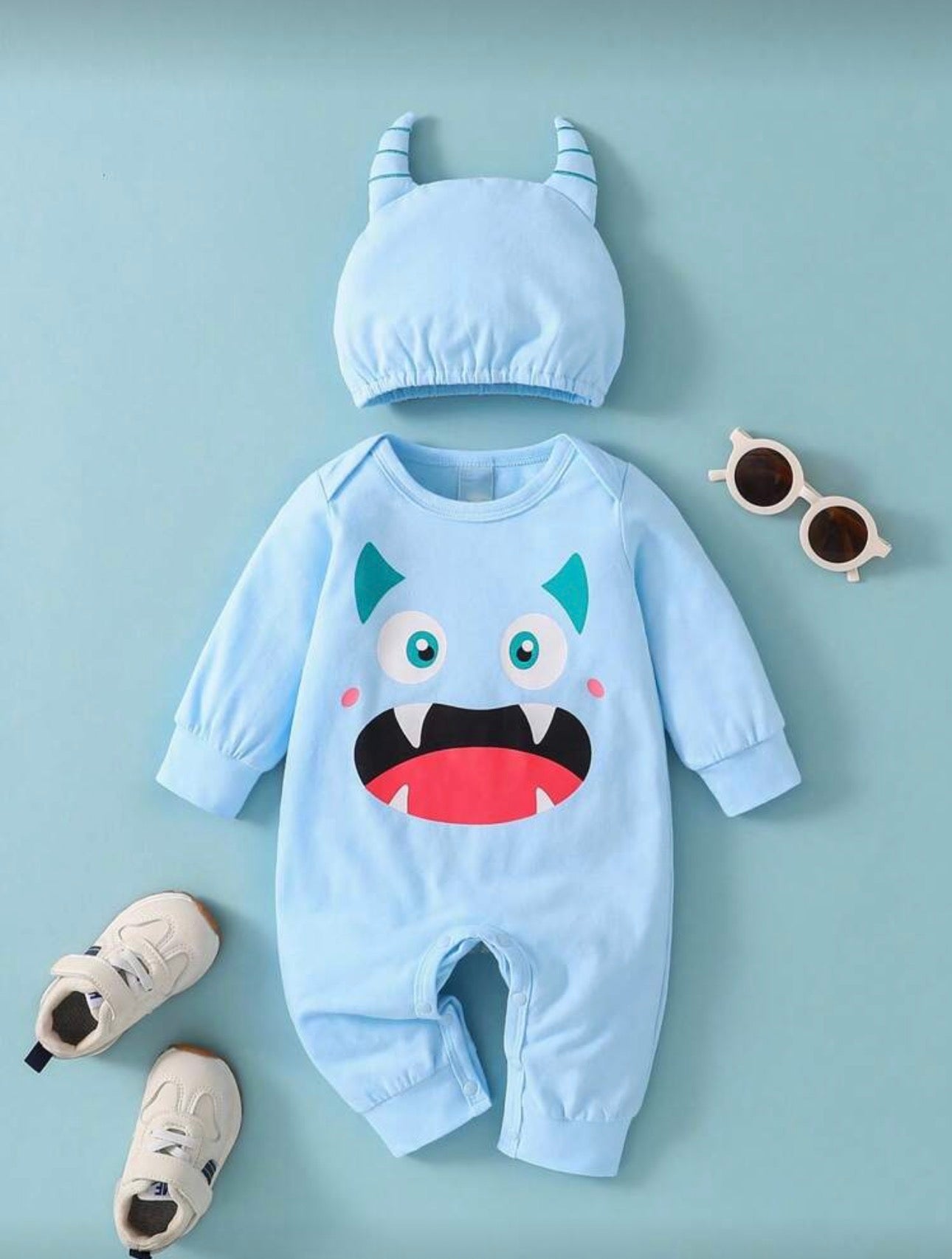 Baby Monster Halloween Costume Outfit Set – Colorful Romper & 3D Horn Hat | Embroidered Eyes | Newborn - 9M