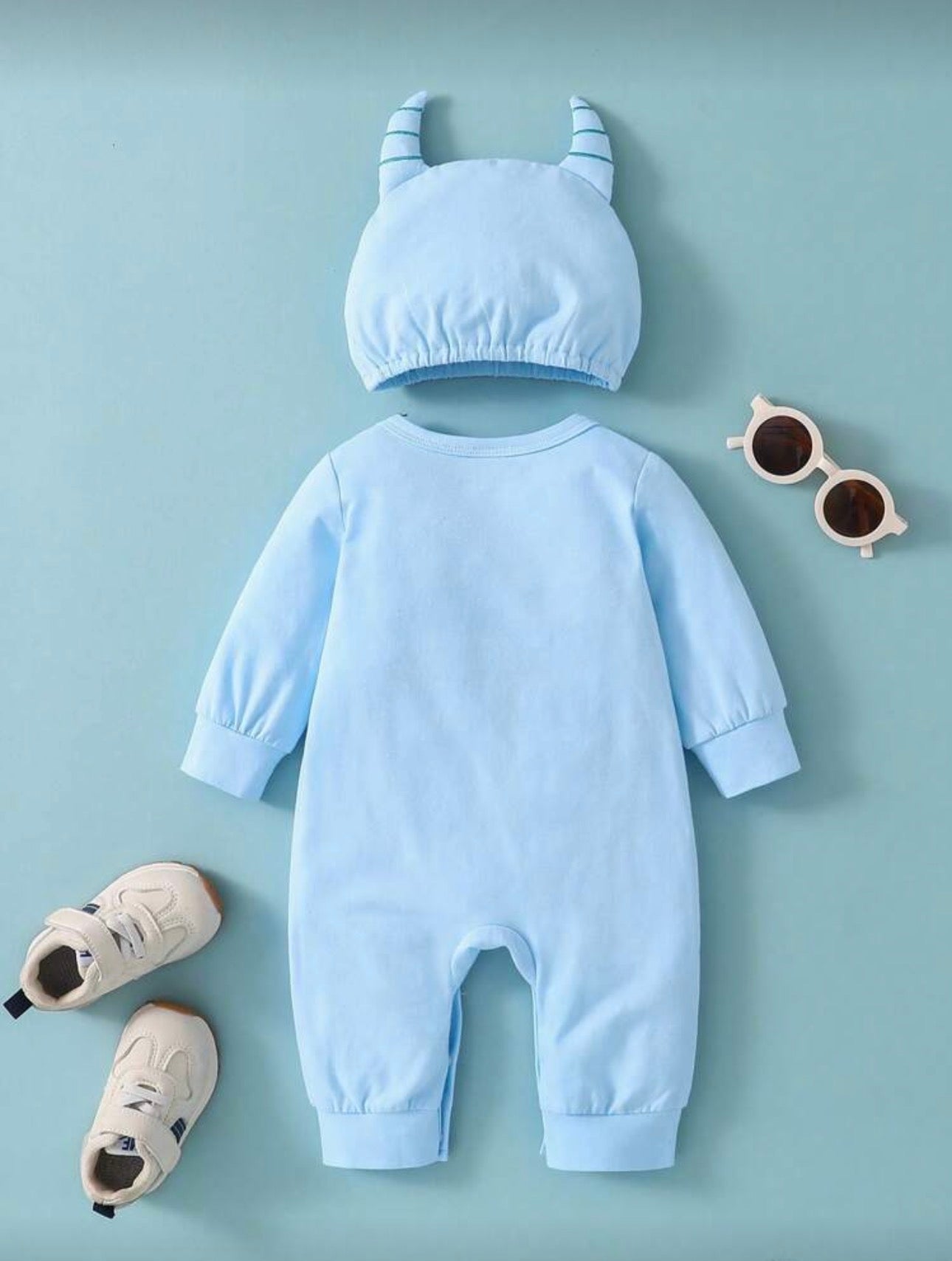 Baby Monster Halloween Costume Outfit Set – Colorful Romper & 3D Horn Hat | Embroidered Eyes | Newborn - 9M