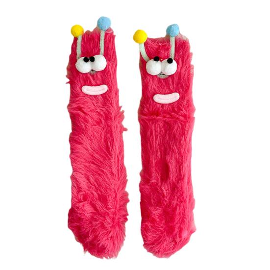 Funny Big-Eye Animal Cartoon Socks – Thick Fuzzy Plush Red
