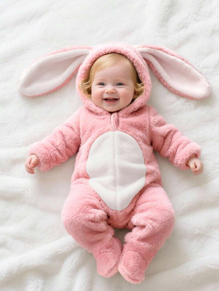 Baby Fleece Hooded Rabbit Romper – 3D Bunny Ears | Long Sleeve & Pants Set (Age Newborn-24M) Pink
