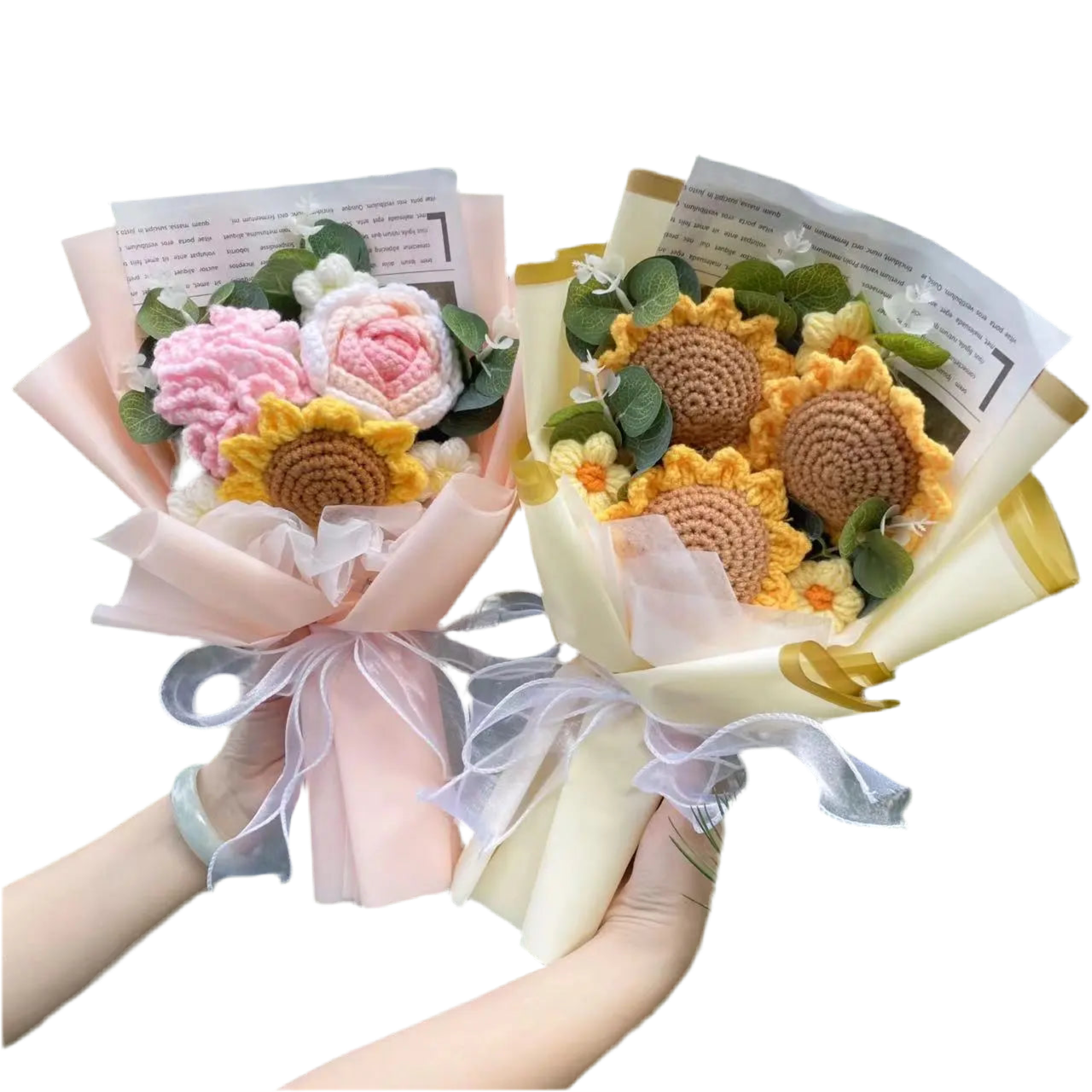 Plush Knitted Flower Gift Bouquet – Sunflowers, Tulips & Roses | Crochet Arrangement in Gift Box