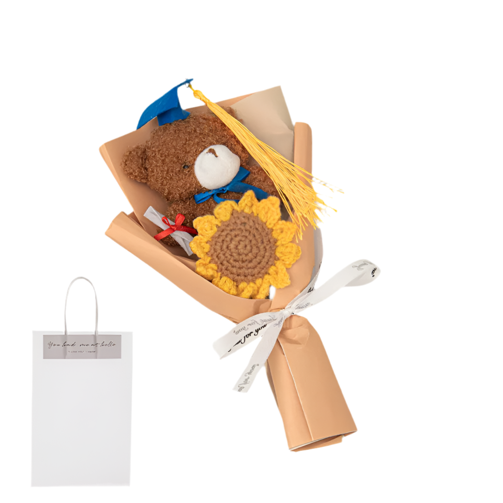 Handmade Graduation Plush Teddy Bear Flower Gift Bouquet Light Brown - 23cm