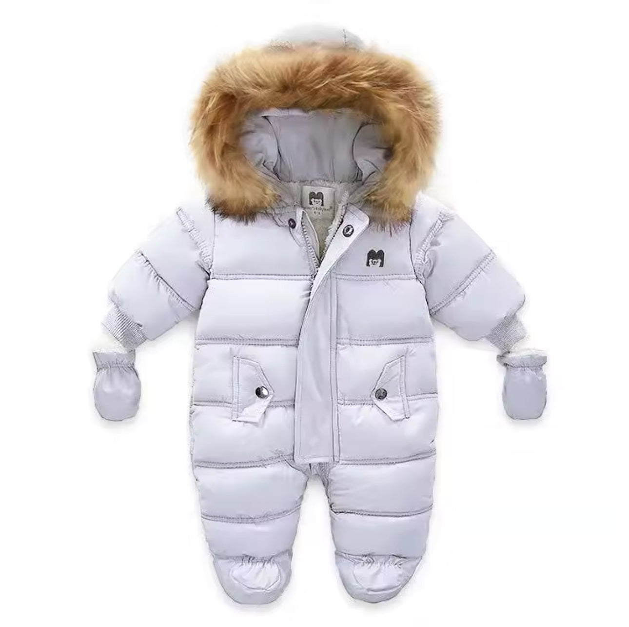Baby Girls / Boys Hooded Fur Down Padded Jumpsuit (Age 3m-18m) Gray