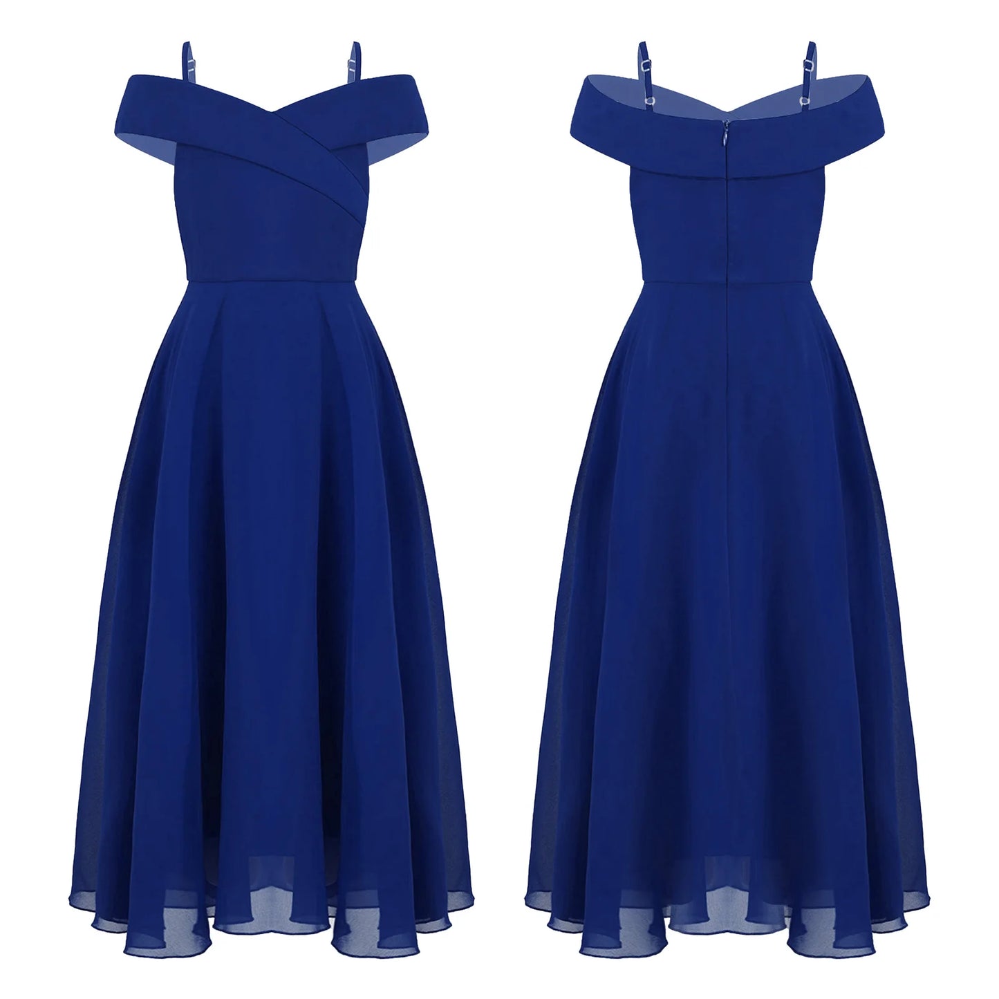 Girls Chiffon Off-the-Shoulder Adjustable A-Line Dress (Age 4-16 YRS) Blue