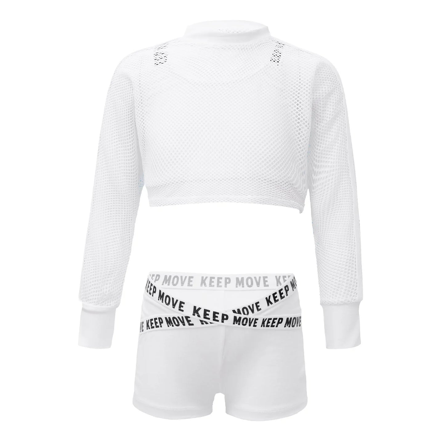 Girls Sport Suit Vest Crop Top & Net Cover Up Top & Shorts Set (Age 6-16 YRS) White