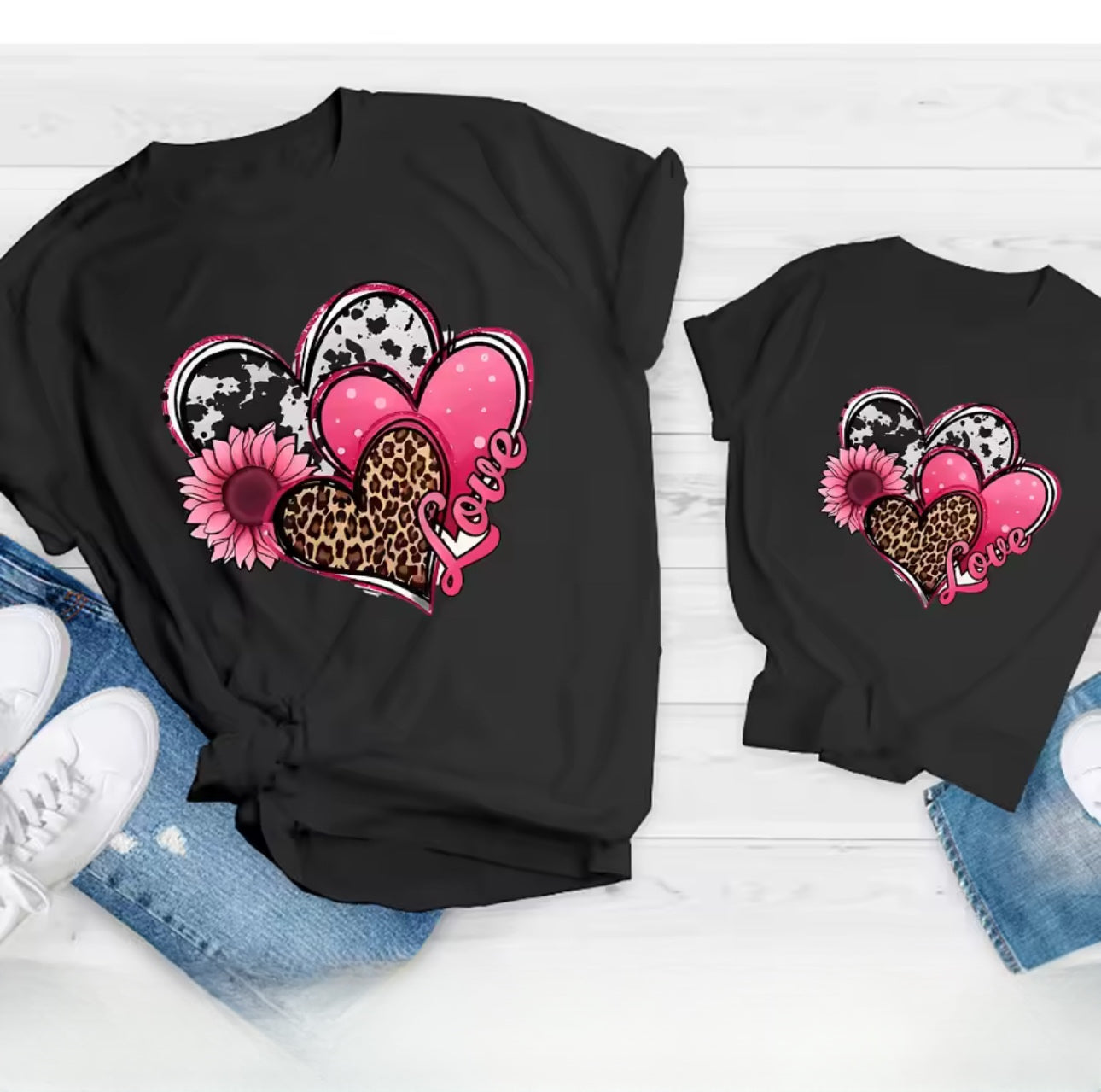 Mother & Daughter Love Heart Matching T-Shirts (Mommy & Me) Black