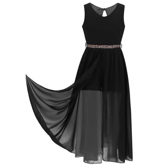 Girls Floaty Dipped Hem & Rhinestone Belted Romper Dress (Age 4-16 YRS) Black