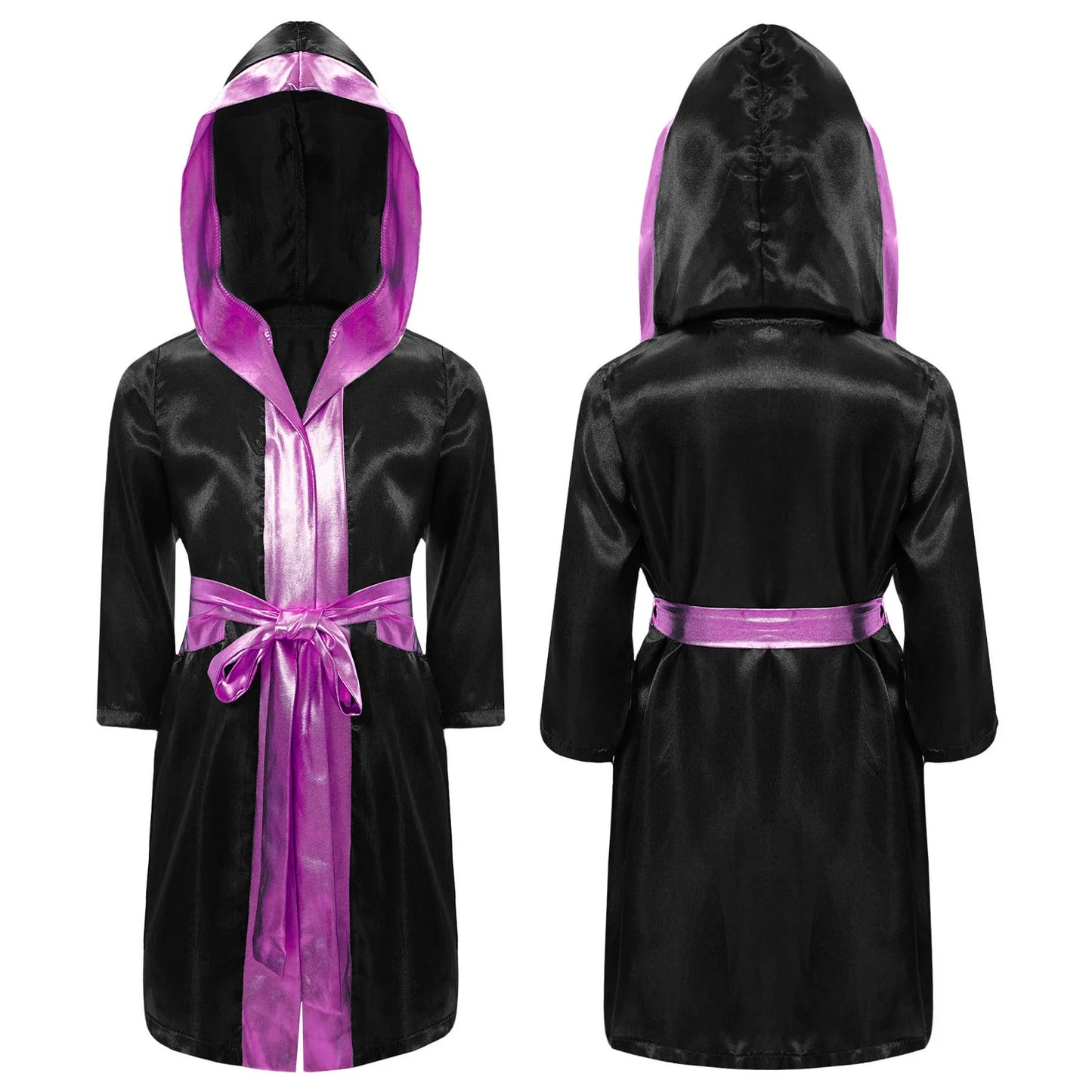 Boys Boxing Robe Costume Long Sleeve Hooded Cloak (Age 6-16YRS) Black Pink