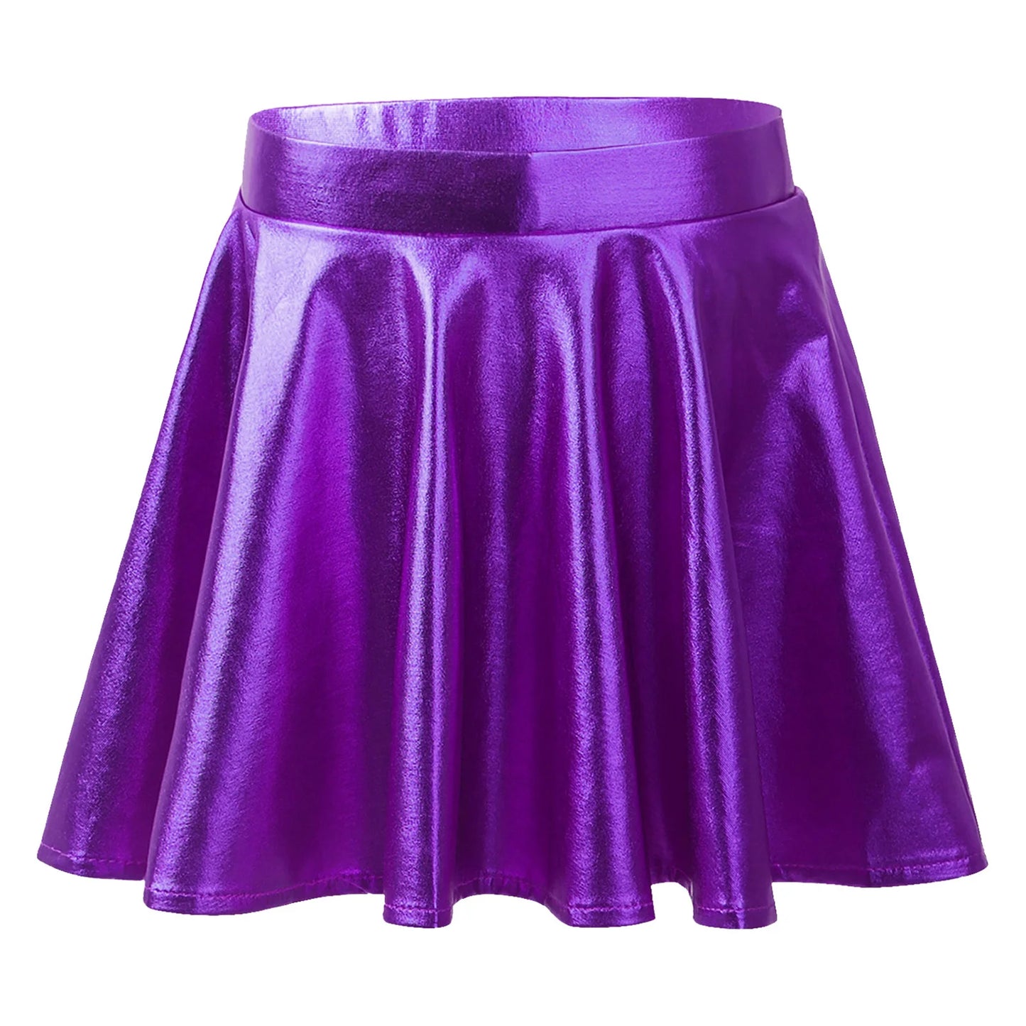 Girls Glossy Metallic Flared Pleated A-Line Miniskirt (Age 6-12 YRS) Purple