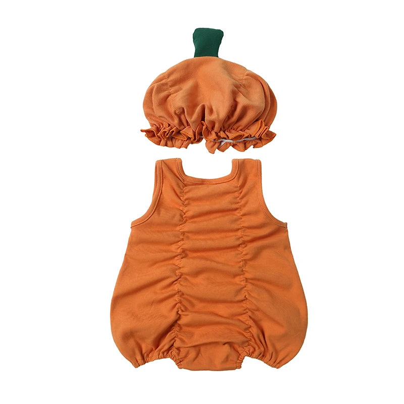 Toddler Girls Halloween Pumpkin Outfit – 3PC Romper, Dress & Headband Set | Ages 6M–3Y