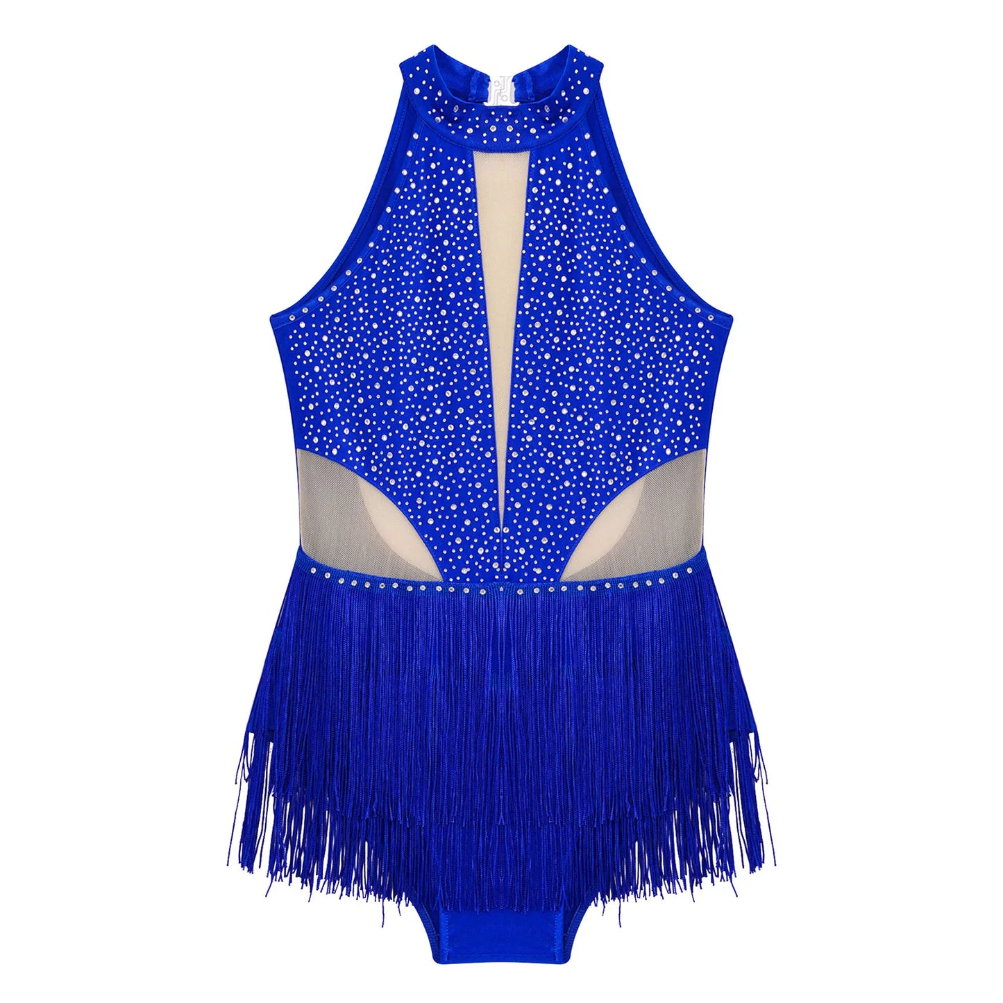 Girls Dance Costume Sleeveless Rhinestone Tassel Leotard (Age 6-16 YRS)