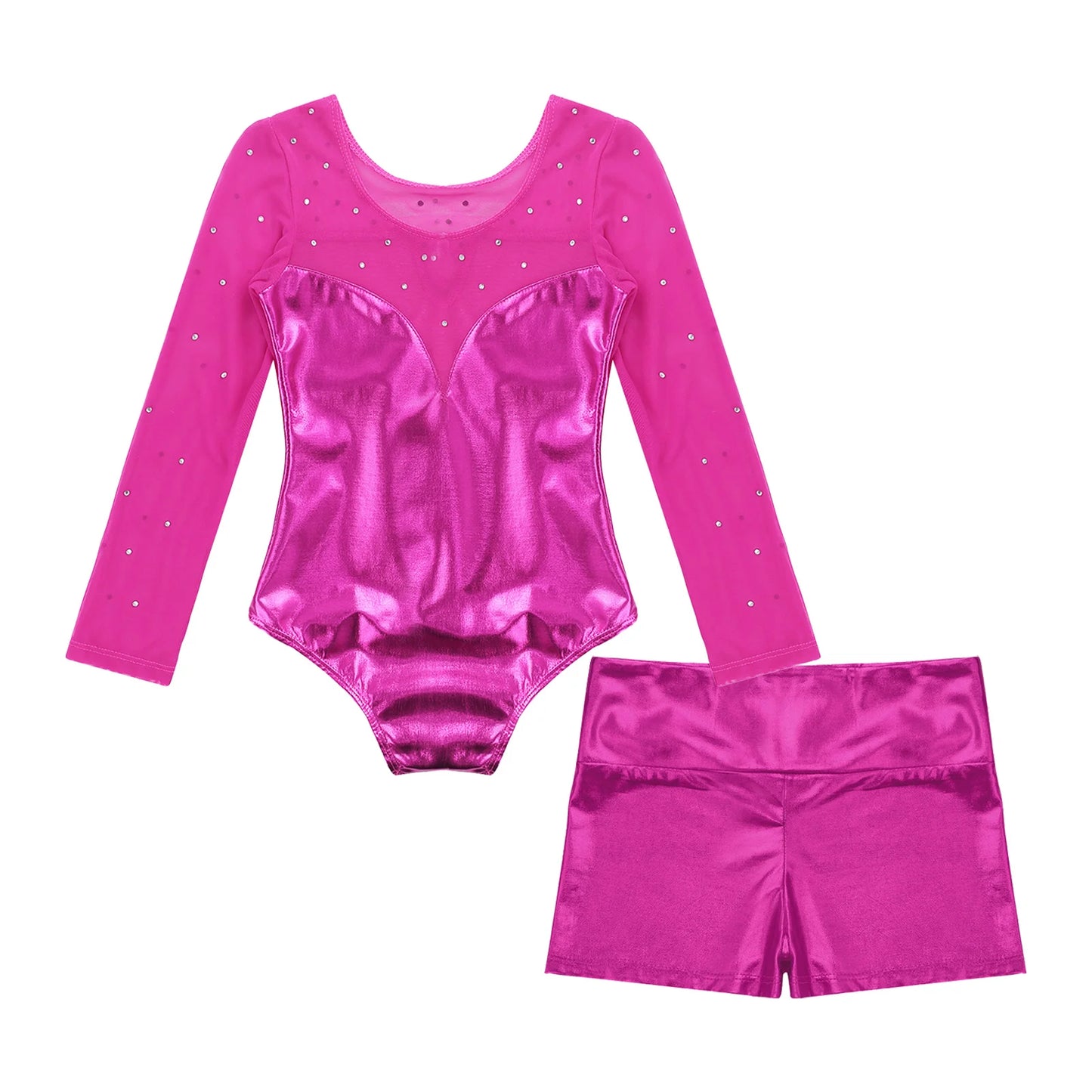 Girls Sparkly Rhinestone Ballet Dance Gymnastics Leotard & Shorts (Age 4-12 YRS)