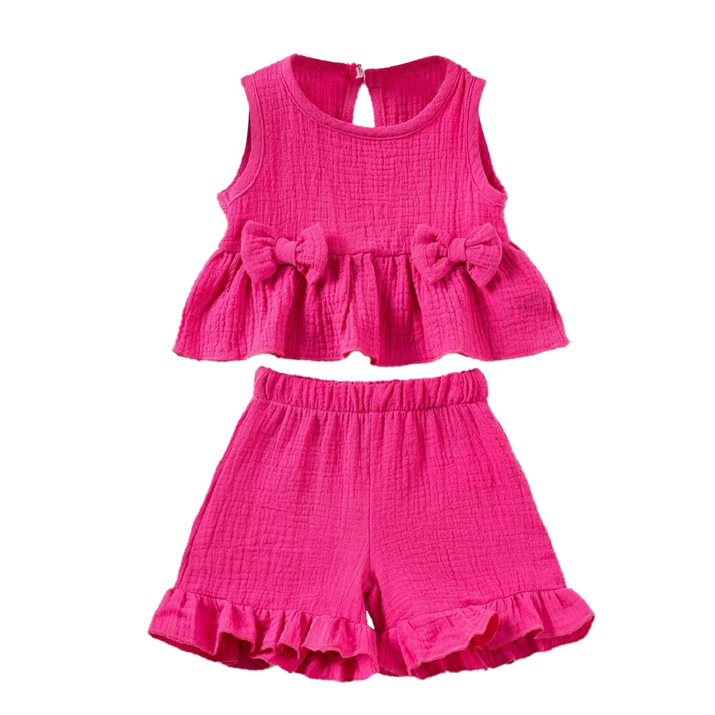 Baby/Toddler Sleeveless Bowknot Ruffled Vest Camisole & Shorts (Age 6M-5YRS) Hot Pink