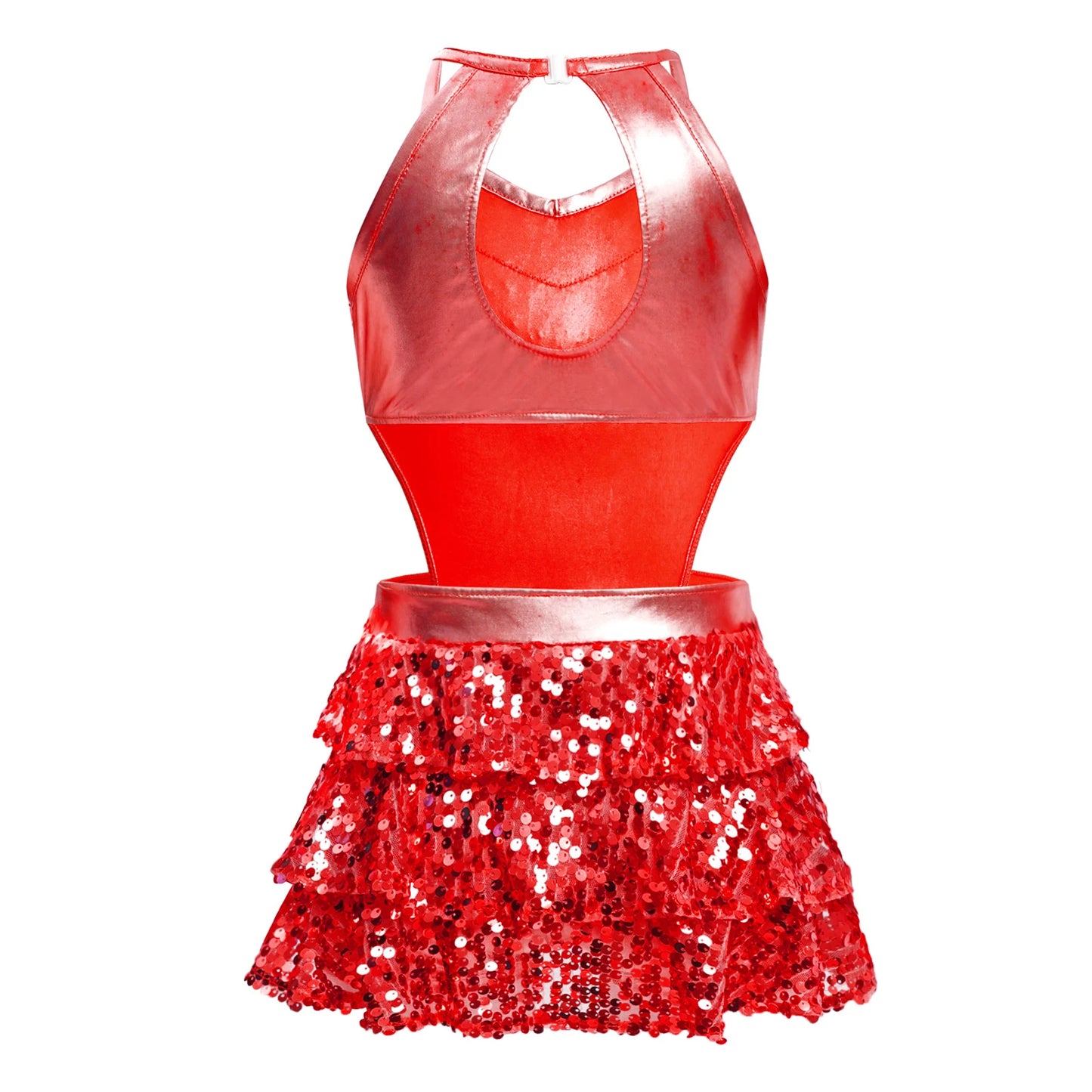 Girls Sequin Dance Sleeveless Cutout Tiered Ruffle Metallic Leotard Dress (Age 6-16 YRS)