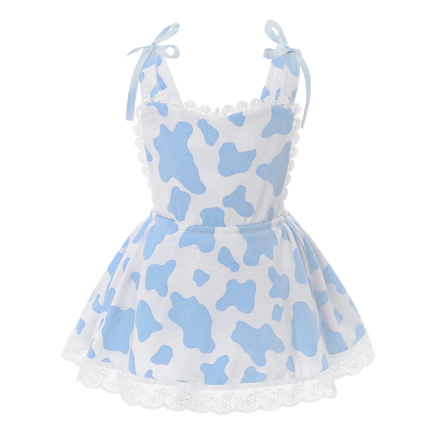 Girls Cow Print Sleeveless Lace Trim Dress (Age 12M-6 YRS) Blue