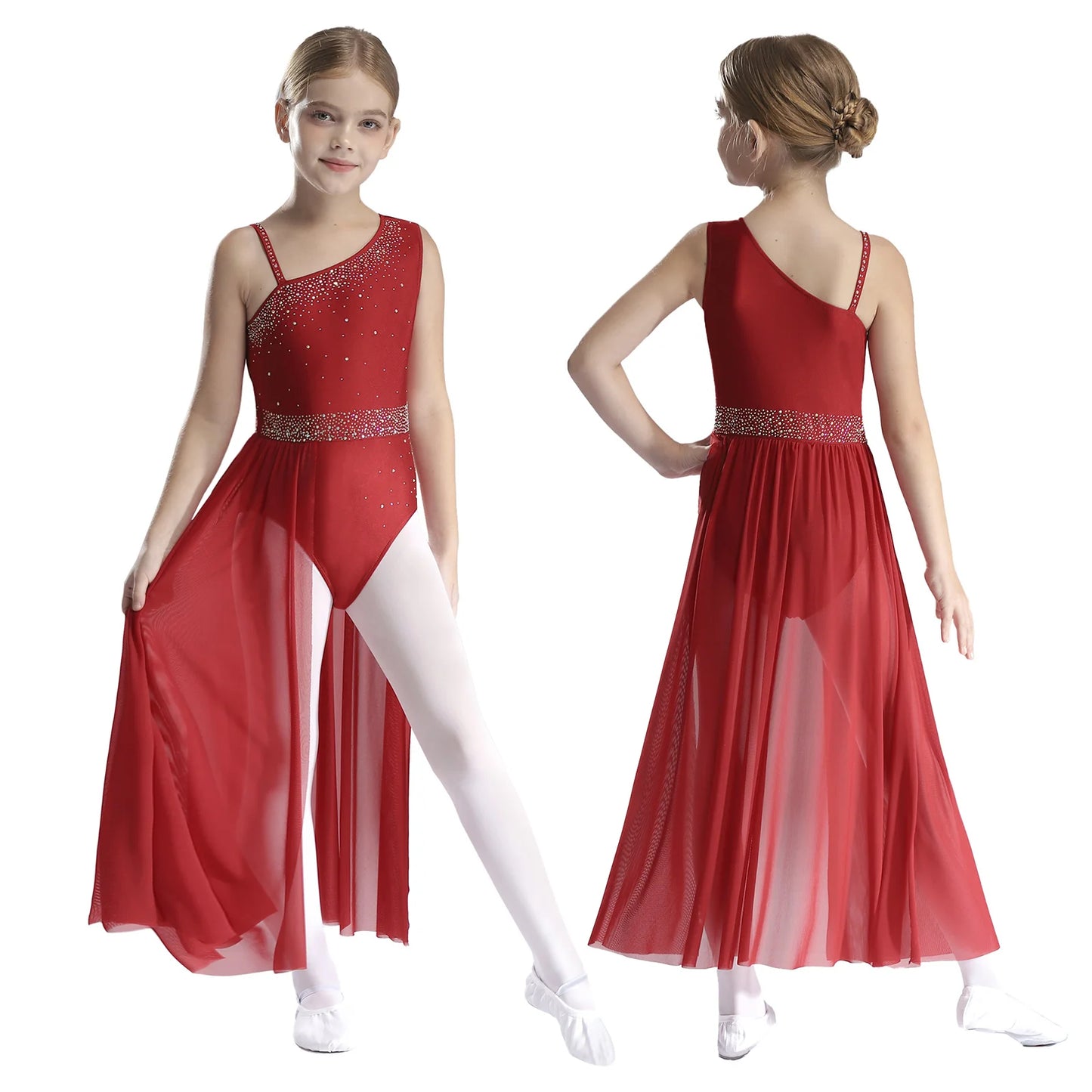 Girls Dance Costume Ballet Rhinestones Sleeveless Sheer Mesh Leotard Dress (Age 6-16 YRS) Burgundy