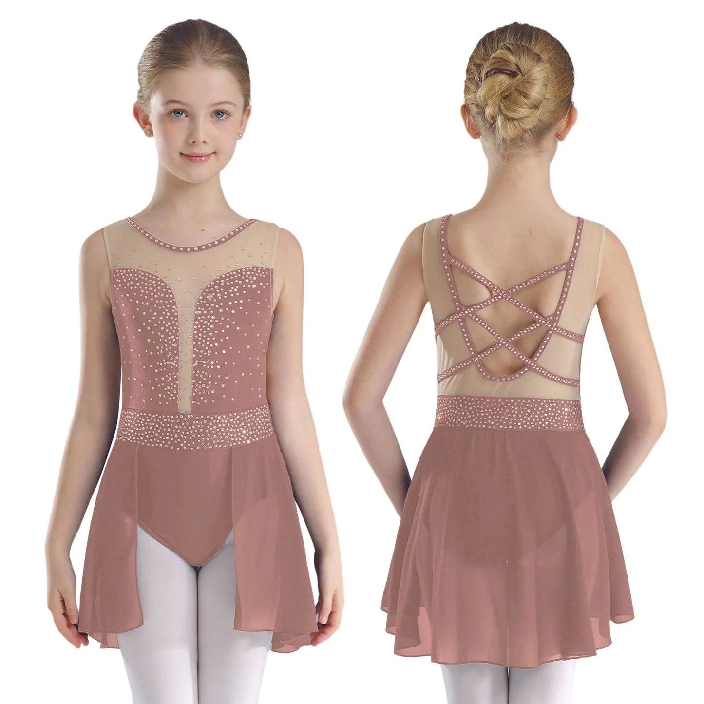Rhinestone Gymnastics Figure Skating Dress for Teen Girls Sleeveless Sheer Mesh Tutu Ballet Leotard Lyrical Performance Costume Dusty Pink