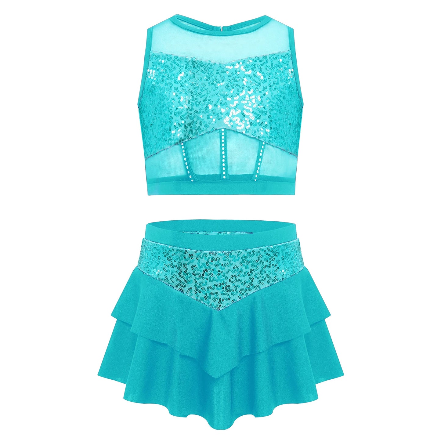 Girls Sequin Sheer Mesh Crop Top & Tiered Skirt Set (Age 6-16YRS)
