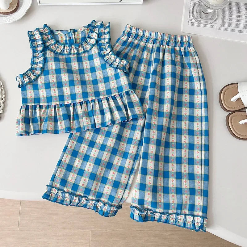 Girls Plaid Print Sleeveless Top & Wide Leg Pants & Shorts Set (Age 3-7 YRS)