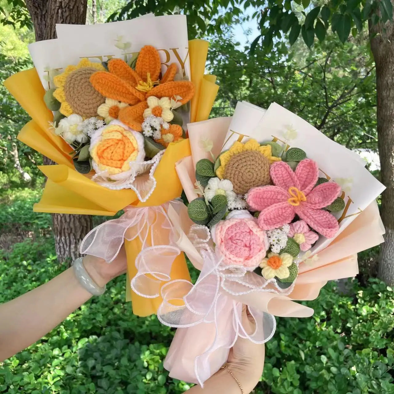 Plush Rose Sunflowers Tulip Flower Crochet Knitted Gift Bouquets