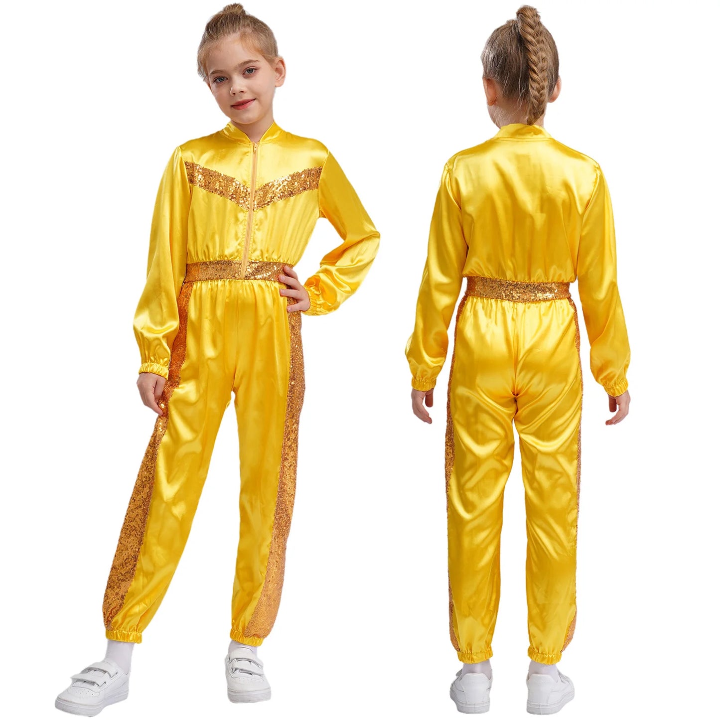 Girls Sequin Satin m Long Sleeve Zipper Jumpsuit (Age 6-16 YRS) Gold