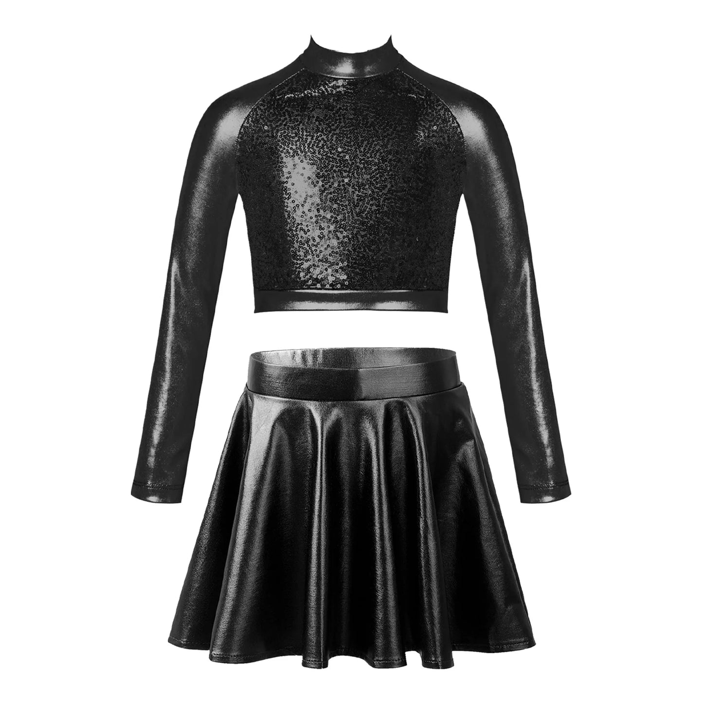 Girls Metallic Sleeveless Top & Flared Pleated A-Line Mini Skirt Set (Age 6-14YRS) Black C