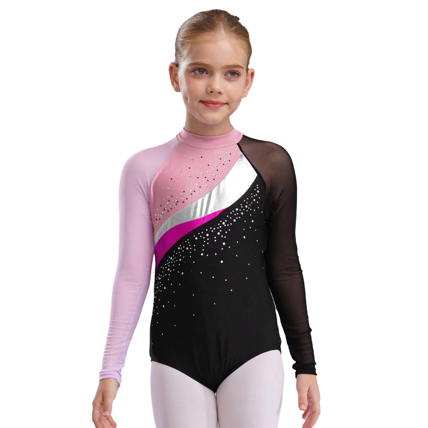 Girls Ballet Dance Leotard Gymnastics Rhinestones Sheer Mesh Long Sleeve (Age 4-16 YRS) Pink