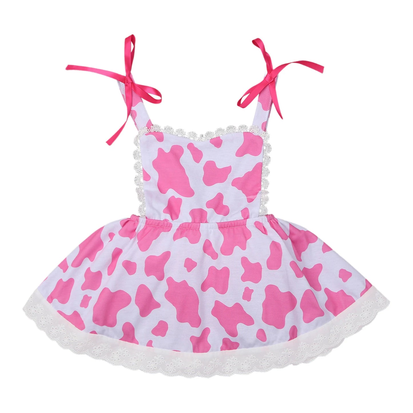 Girls Cow Print Sleeveless Lace Trim Dress (Age 12M-6 YRS)