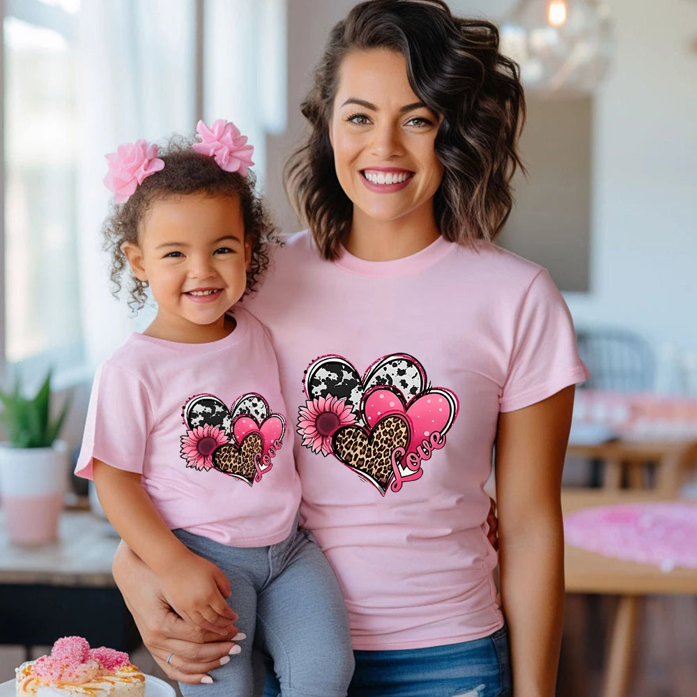 Mother & Daughter Love Heart Matching T-Shirts (Mommy & Me) Pink
