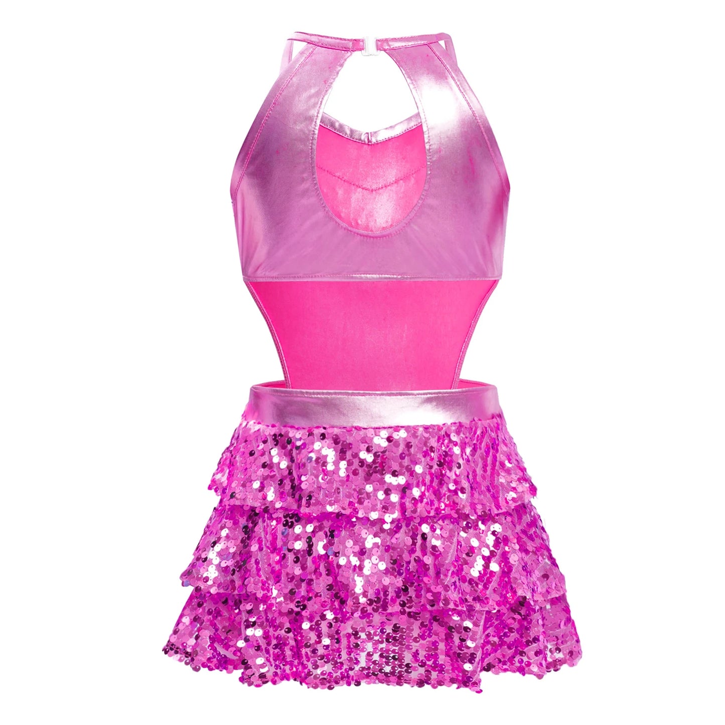 Girls Sequin Dance Sleeveless Cutout Tiered Ruffle Metallic Leotard Dress (Age 6-16 YRS)