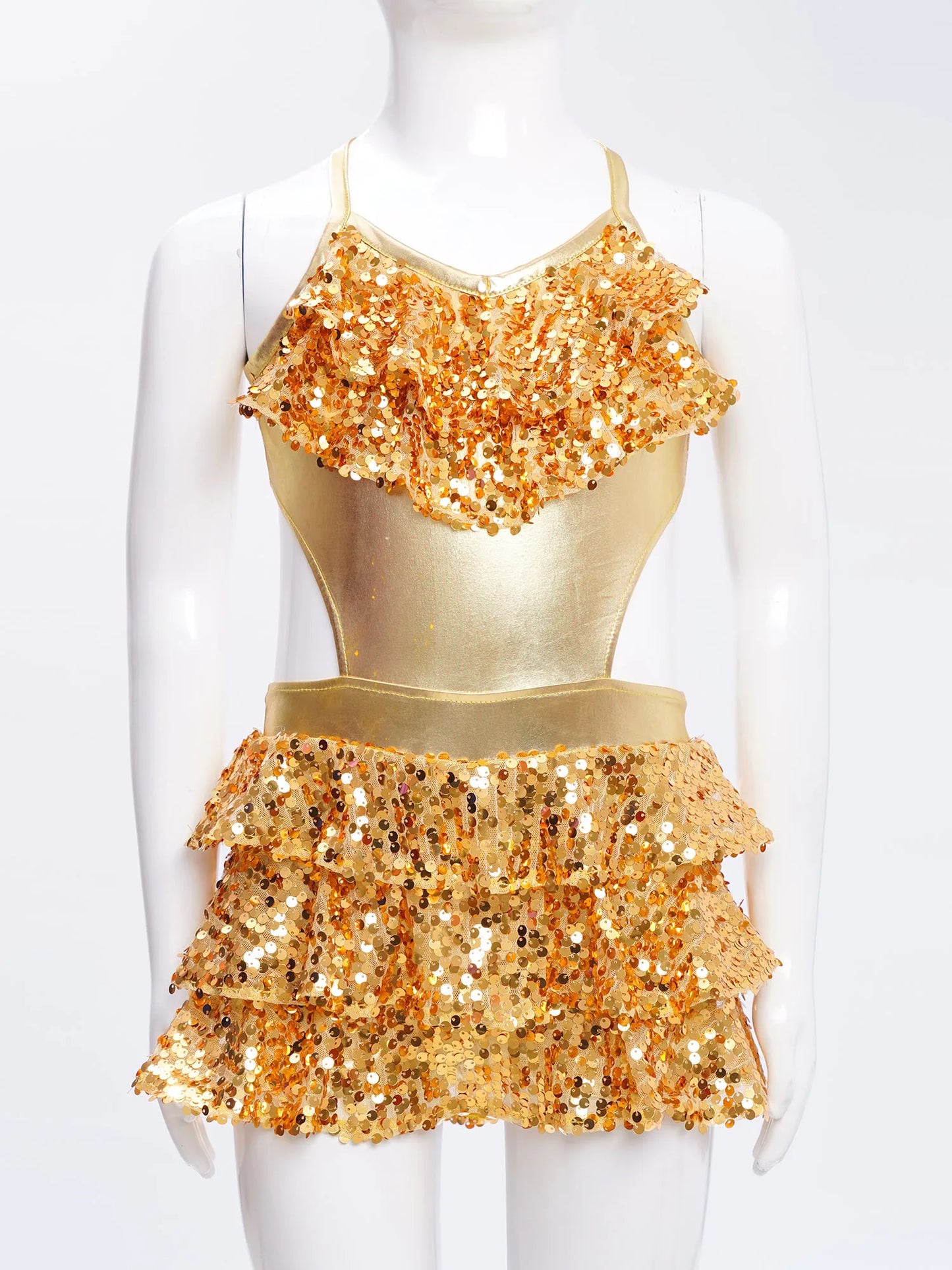 Girls Sequin Dance Sleeveless Cutout Tiered Ruffle Metallic Leotard Dress (Age 6-16 YRS)