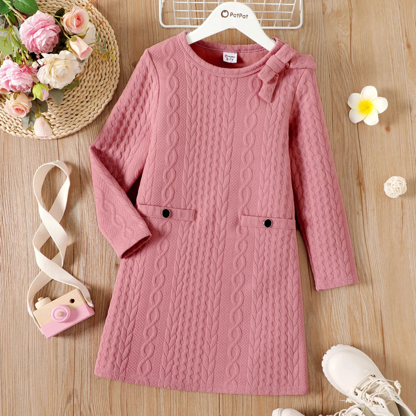 Girls Pink Cable Knit Bowknot Long-Sleeve Dress (Age 5-12YRS) Pink