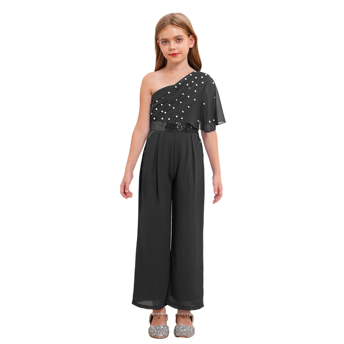 Girls One Shoulder PearlSequin Ruffled Wide Leg Jumpsuit (Age 6-14YRS)