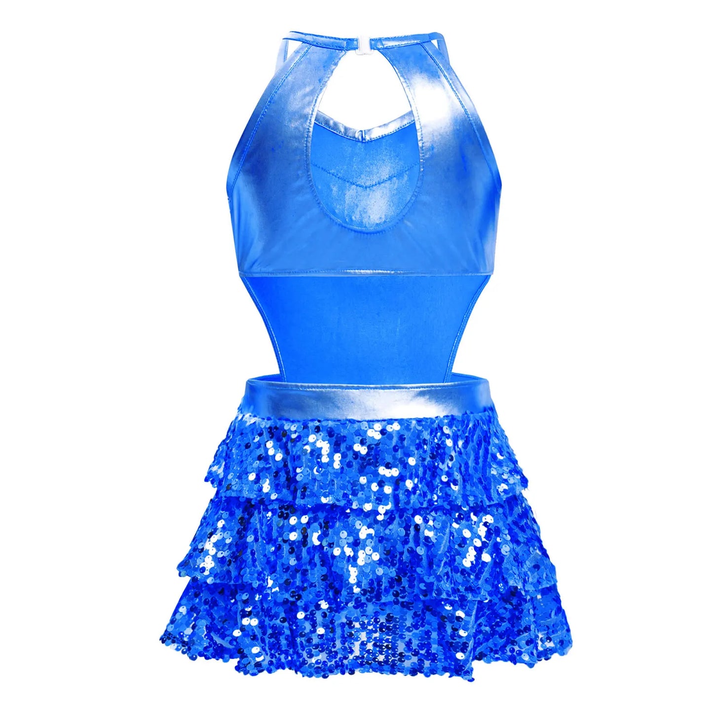 Girls Sequin Dance Sleeveless Cutout Tiered Ruffle Metallic Leotard Dress (Age 6-16 YRS)