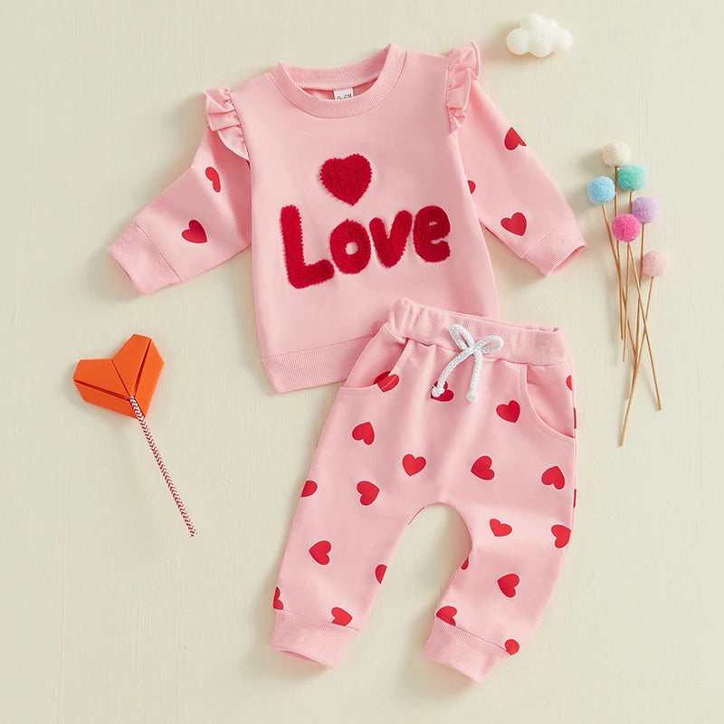 Baby Girls Pink Long Sleeve Embroidered ‘Love’ Hoodie & Heart Sweatpants (Age 6M-3YRS)