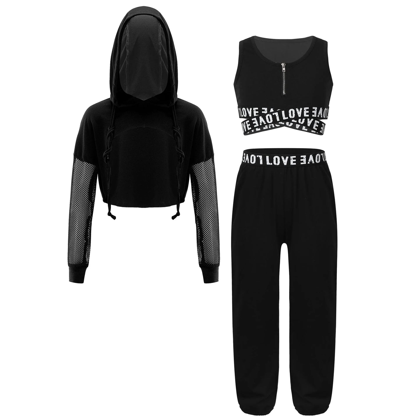 Girls Hip Hop Long Sleeve Drawstring Hooded Tops with Crop Top Pants Tracksuit (Age 6-14YRS) Black