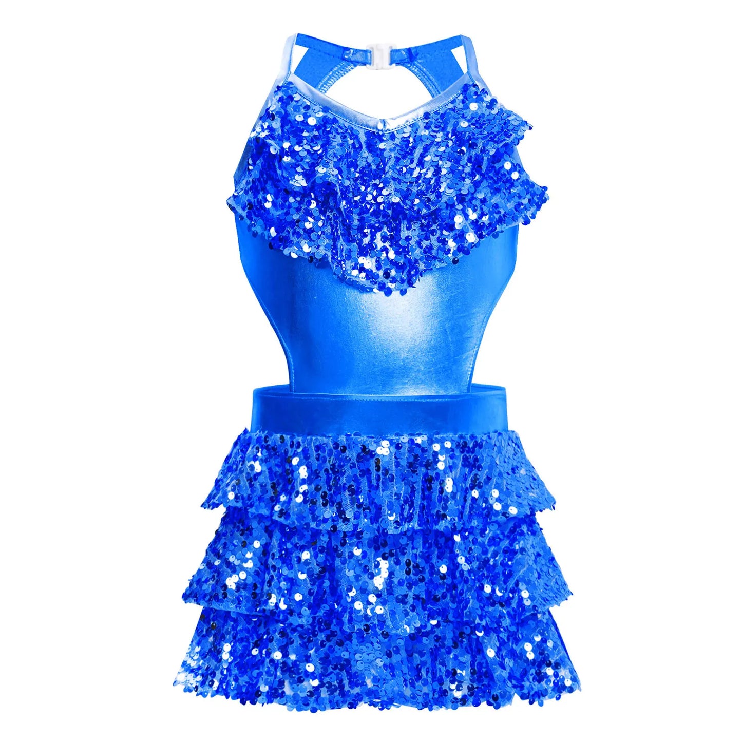Girls Sequin Dance Sleeveless Cutout Tiered Ruffle Metallic Leotard Dress (Age 6-16 YRS)